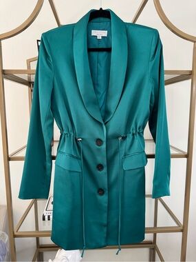 Teal Satin Drawstring Blazer Coat